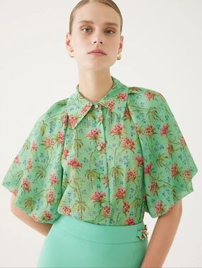 ​Exquise by Anthropologie Nico Shirt Green Floral Tropical Cape Sleeve Size 10